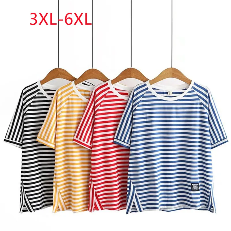 

Large Womens 2022 short sleeve shirt summer new loose thin stripe Plus Size split crew neck T-shirt 3XL 4XL 5XL 6XL