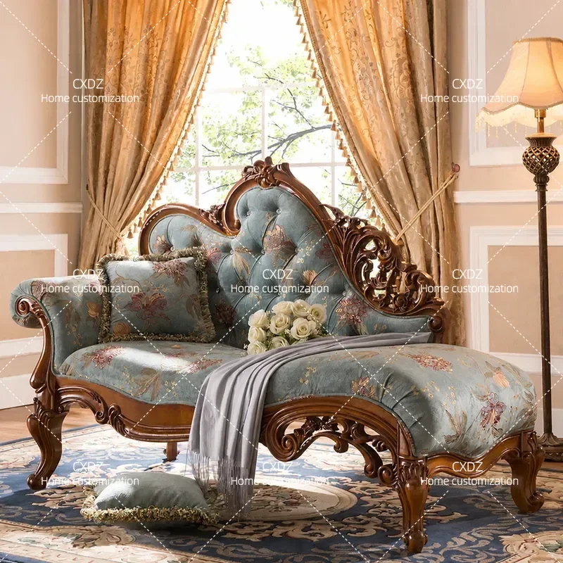 American Solid Wood Recliner Fabric Single Couch European Style Bedroom Separate Leisure Chaise Lounge Balcony Sofa