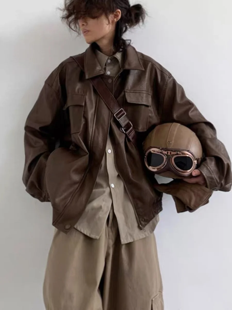 

Classic Brown Leather Jaet Retro Cool PU Motorcycle Jaet ex Loose Fit Spring Autumn Faionable Outerwear Coat