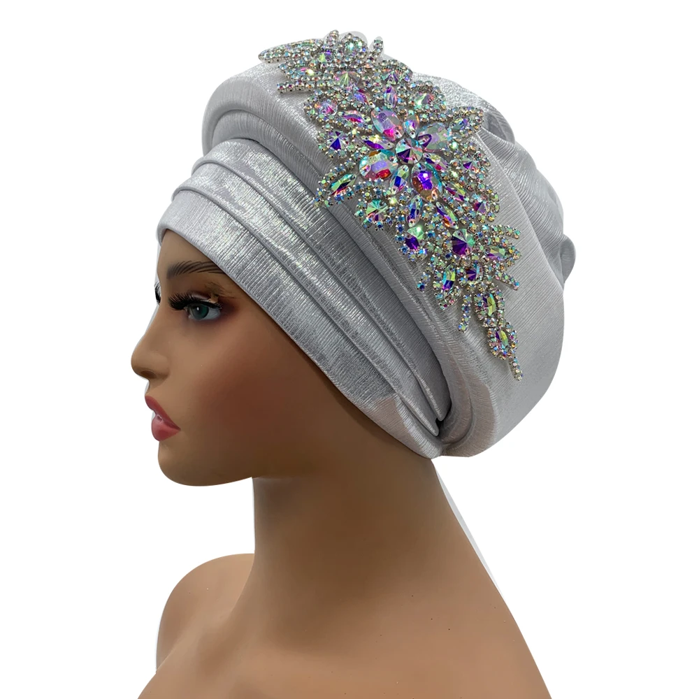 African Wrap Head Headgear Nigeria Auto Gele Headtie Turbante Mujer Luxury Rhinestone Turban Hat for Women Glitter