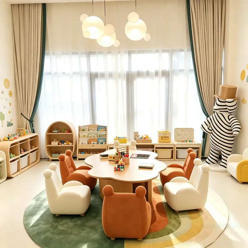 Cute Cloud Shape Kids Table Set With Teddy Bear Sofa For Kindergarten Reading Corner Preschool Daycare Furniture Play Area
