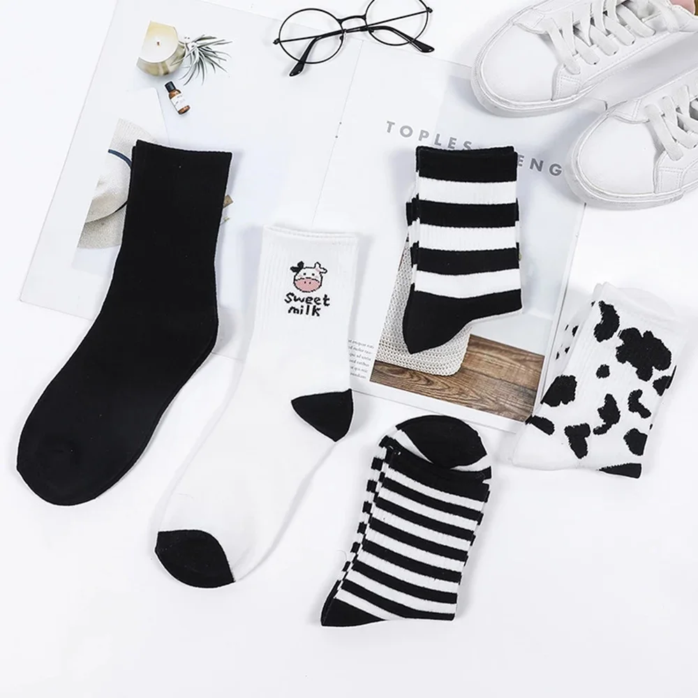 Funny Socks Striped Cow Print White Black Cartoon Sport Cozy Cute Girls Cotton Socks