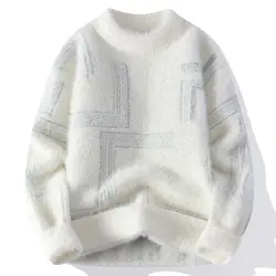 Men's Clothing Geometric Crochet Crew Neck Long Sleeve Autumn Winter Pullover Sweater Knitted Contrast Color High Street Tops