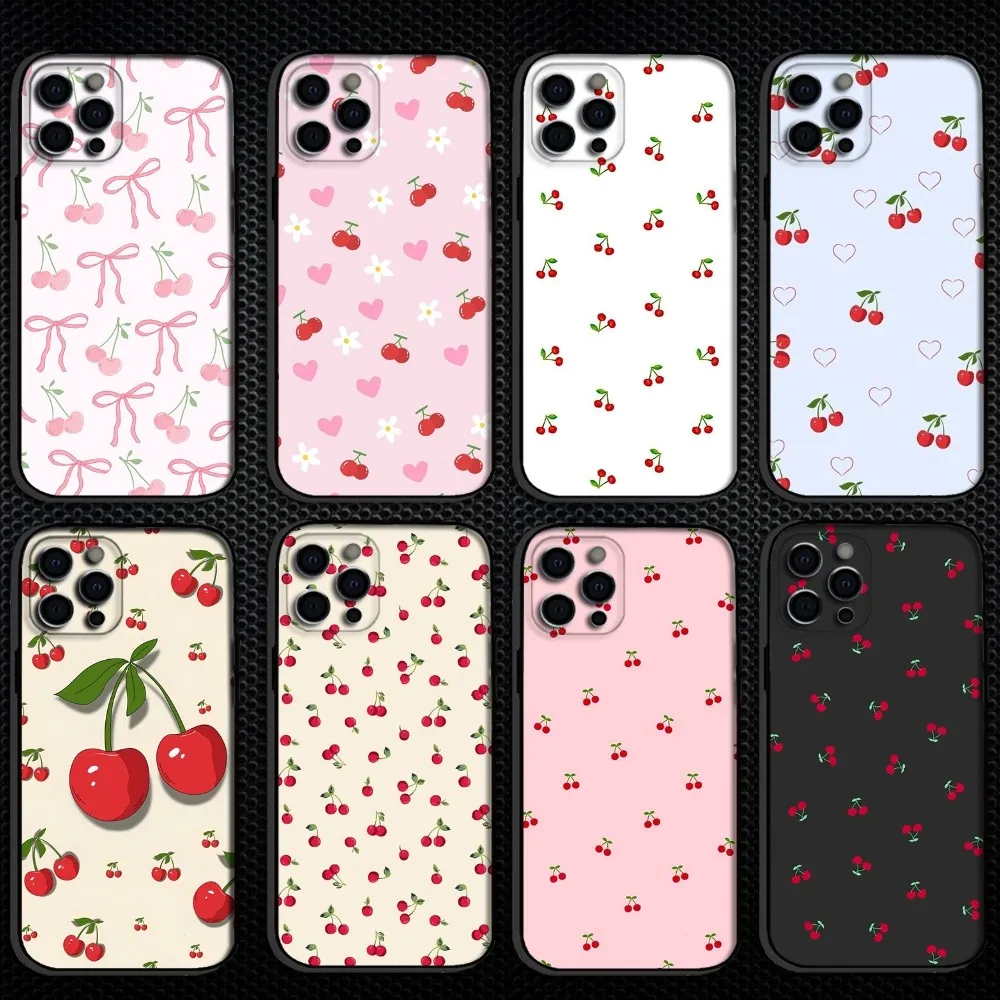 

Cute Cartoon Cherry Phone Case For iPhone 16,15,14,13,12,11 Plus,Pro Max, Soft Silicone Black Cover