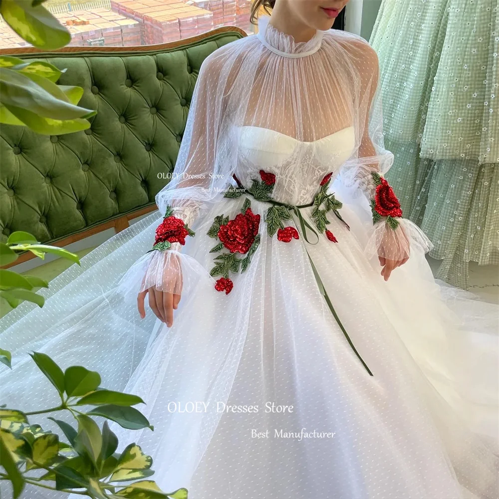 OLOEY Exquisite Beading Flowers Halter Wedding Dresses With Jacket Long Sleeves Floor Length A Line Bridal Gown Robe De Marriage