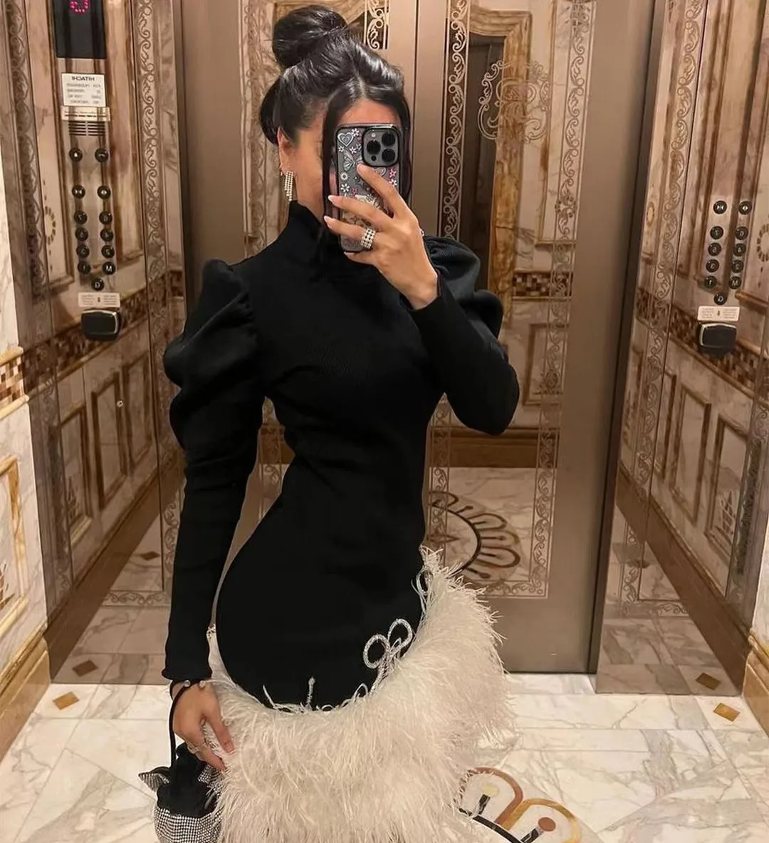 AsaNagi Black High Collar Cocktail Dresses Long Sleeves Women Luxury Feathers Edge Short/Mini Night Party Prom Gowns 2025