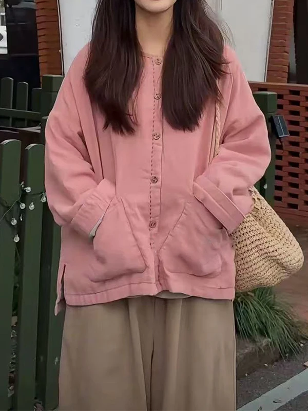 

Новое зимнее повседневное универсальное простое круглое хлопковое джатовое женское пальто на пуговицах, однотонное теплое хлопковое пальто с двойной ket, верхняя одежда