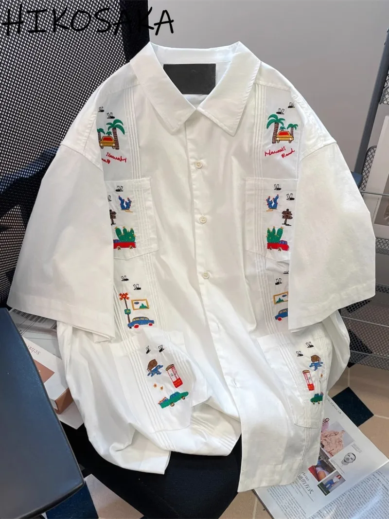 

American Vintage Embroidery Short-sleeved Blouse Woman Summer Loose Pockets Patchwork Embroidery Shirts Casual Lapel Camisas