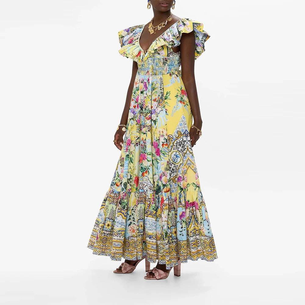 TWOTWINSTYLE Colorblock Printing Elegant Dresses for Women V Neck Sleeveless Tunic Temperament Dress Female Fashion Clothing New