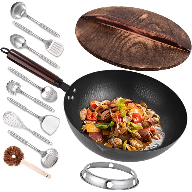 

12.8" Carbon Steel Flat Bottom Wok with Lid - 11-Piece Set, Chemical-Free Chinese Wok & Accessories for Electric