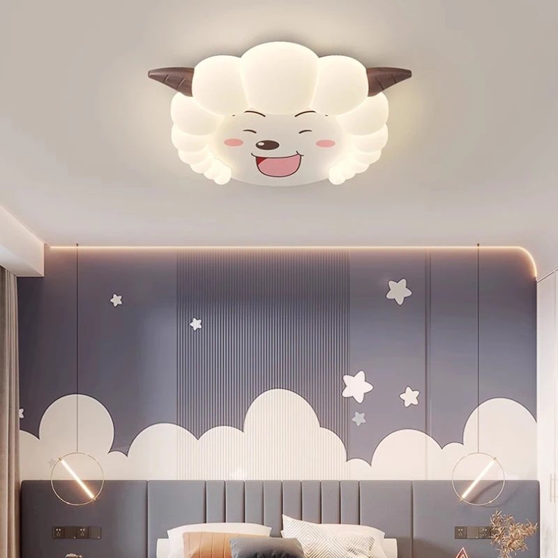 Children's Room Sheep Ceiling Lamps Cartoon Happy Sheep Bedroom Lamp Warm Nursery Baby Room Boy Girl Bedroom Ceiling Lights LED