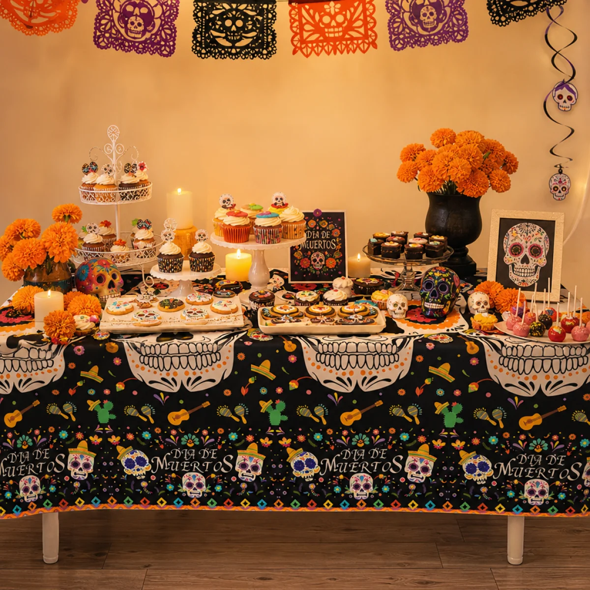 Day of the Dead tablecloth, waterproof disposable sugar skull printed tablecloth, black Mexican Day of the Dead table decoration