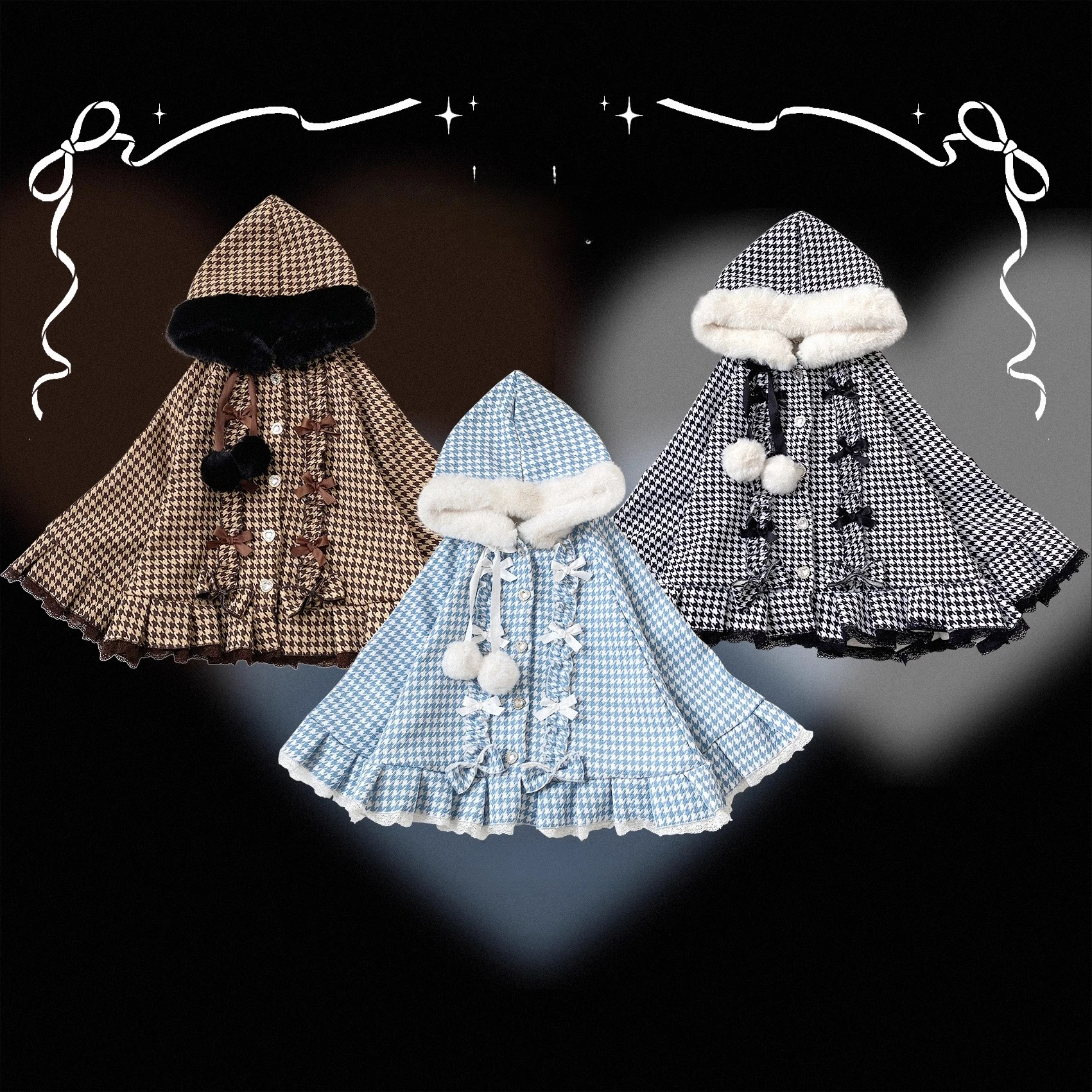 

Japanese Sweet Houndstooth Thicked Hoody Cloak Loose Elegant Bow Lace Patchwork Coat Princess All-match Lovely Preppy Outwears