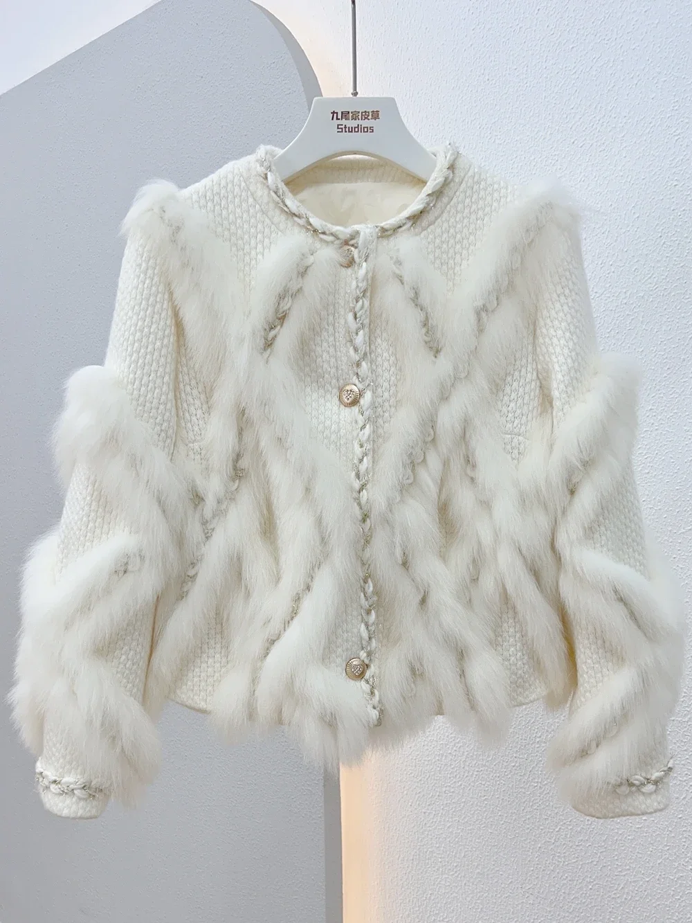 Short Woolen Splicing Real Fox Fur Coat Young 2023 Winter New O-neck Long Sleeve Fluffy Fur Jackets Knitted Slim Women's Clothes