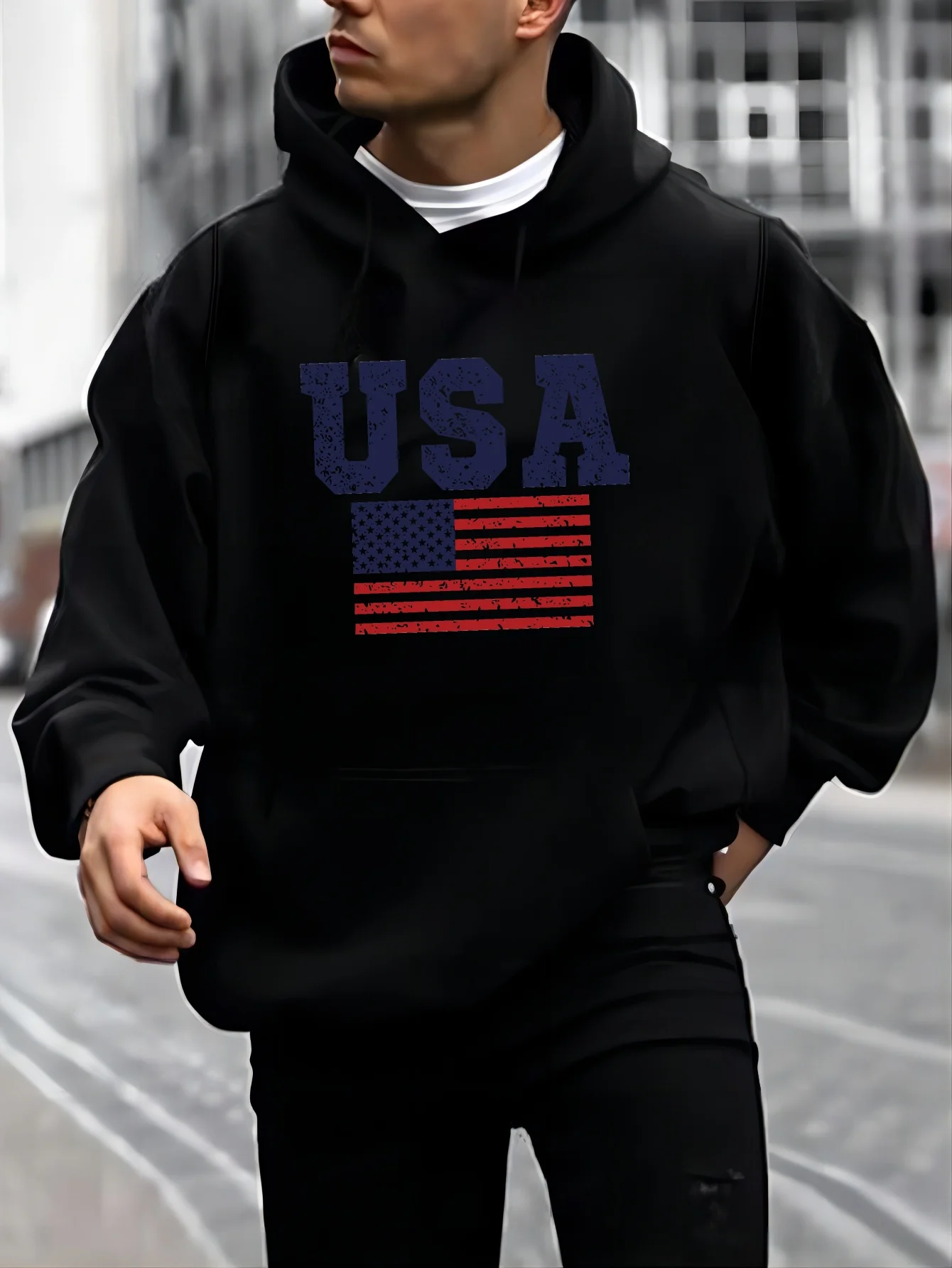 Men\'s American Flag Hoodie Sweatshirt with Long Sleeves, Kangaroo Pocket, and Casual Styling for Autumn and Winter Activities