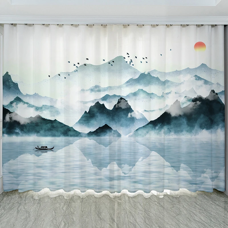 New Chinese Landscape Ink Landscape Painting Chinese Style Living Room Balcony Tea Room Partition Curtain Window 2 panels