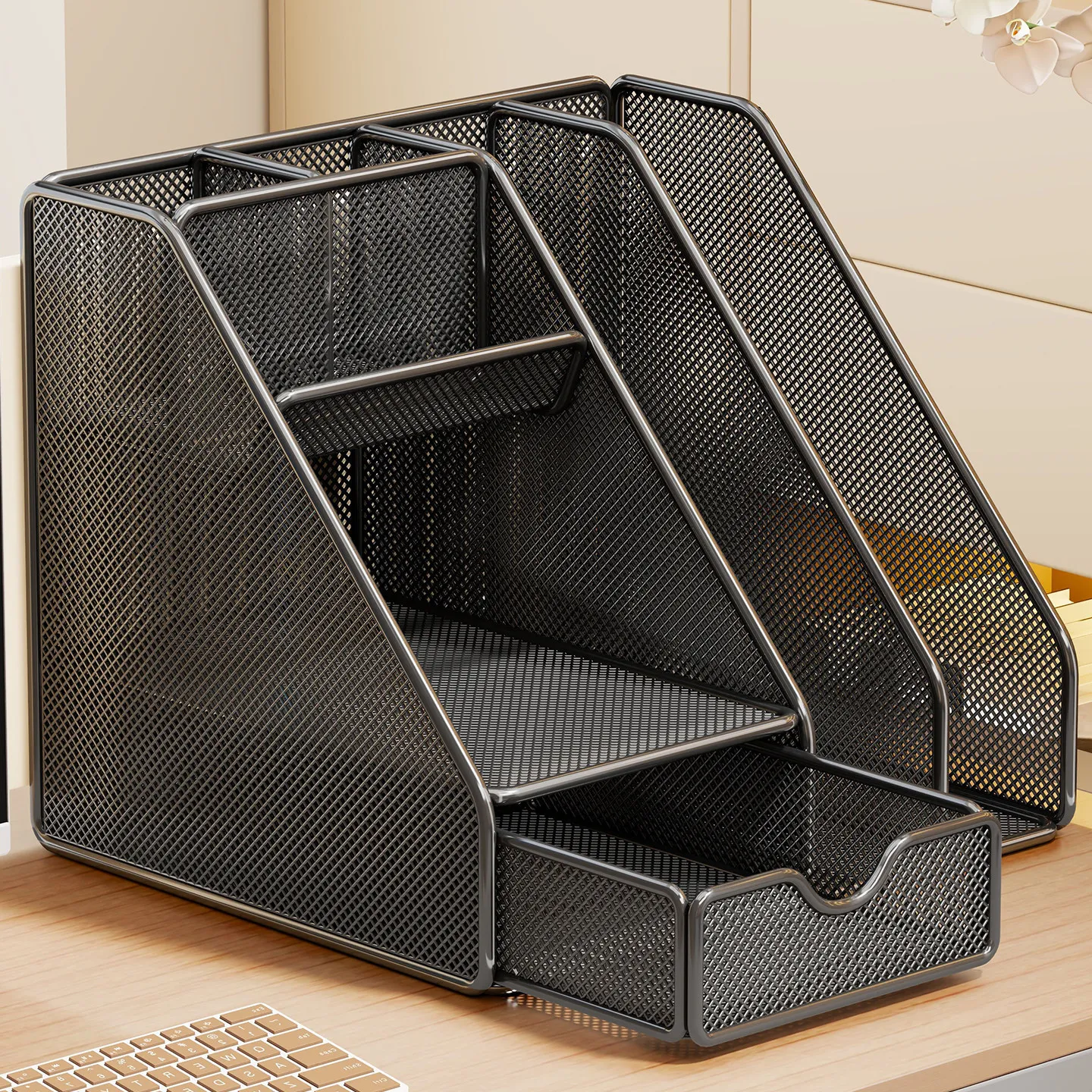 A4 Desktop File Organizer Rack with Drawer, Multi Layer Metal File Holder Shelf for Office Documents, Folders, Books and