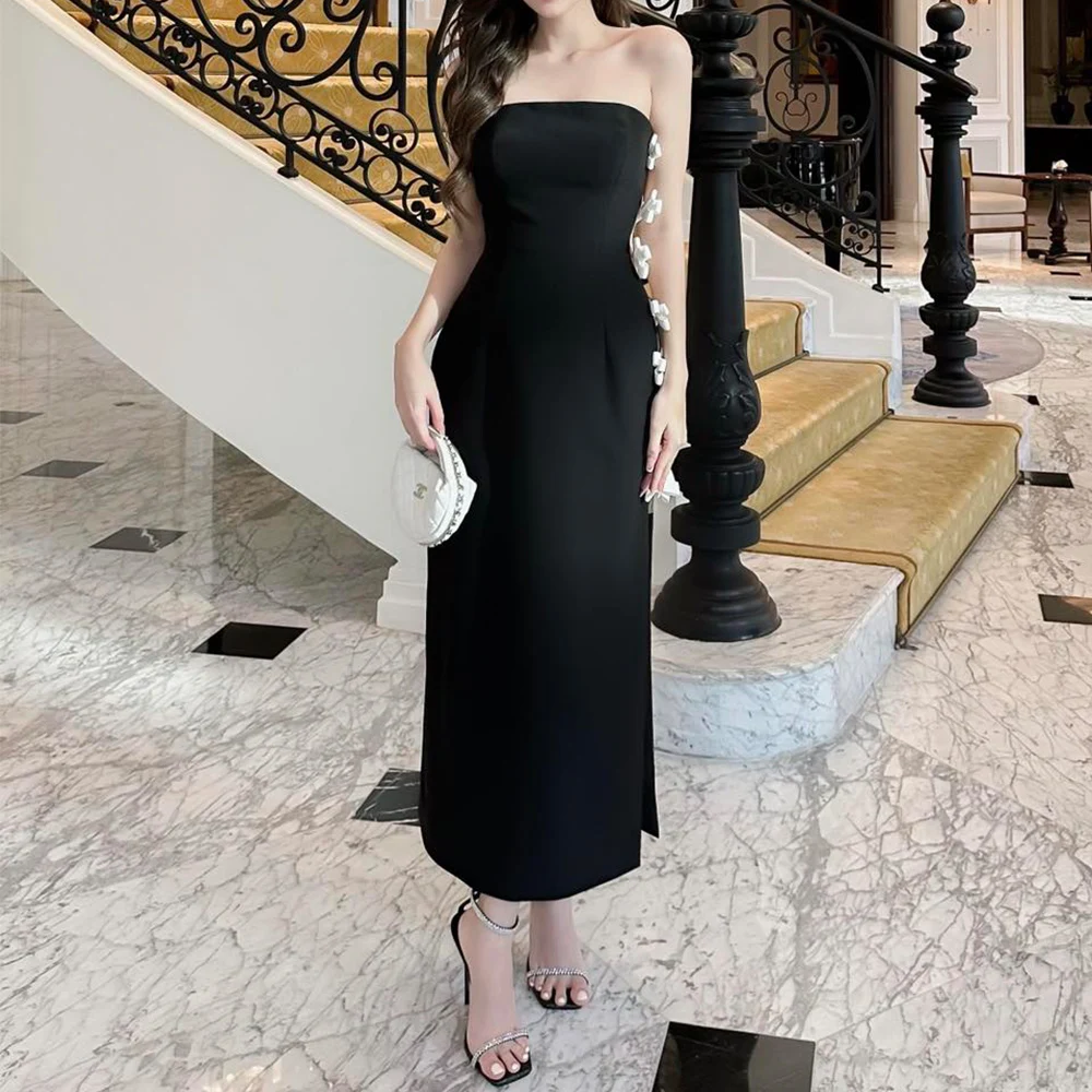 

Customizable Party Dress Black Strapless White Bow Ankle Length Women's Party Gowns Maxi Sleeveless Sexy Prom Dresses Column