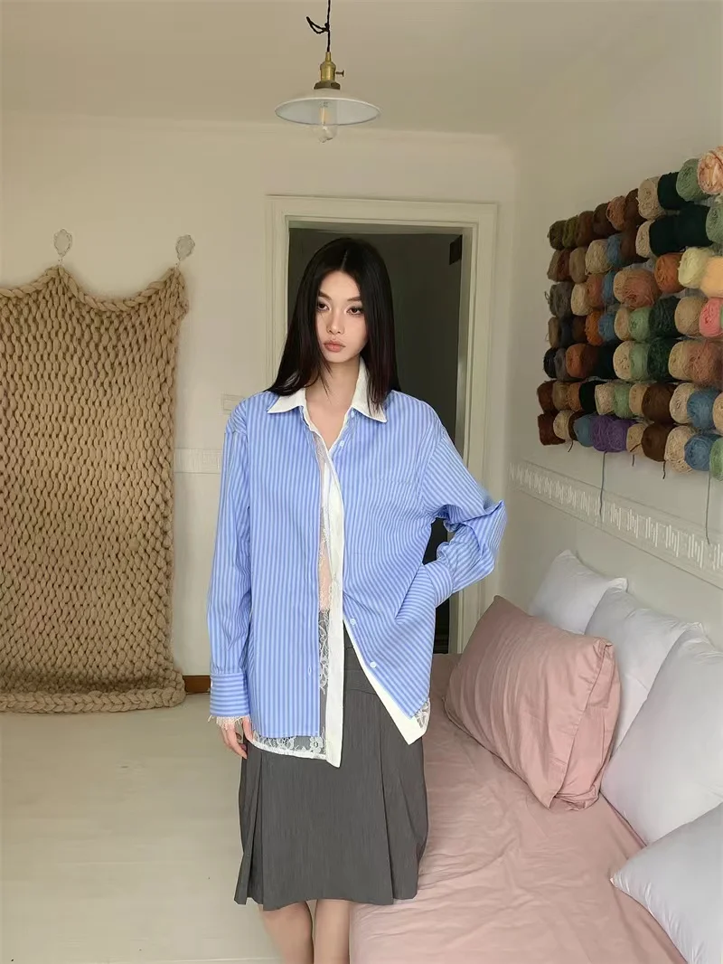 CHEERART Fake Two-Piece Blue Striped Long Sleeve Shirts Women Button Up Collar Shirt Patchwork Lace Designer Top Autumn 2024