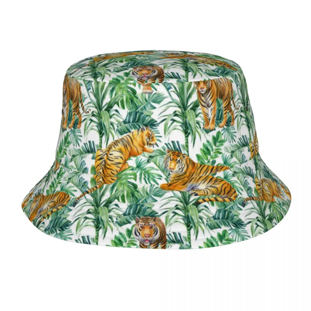 Tigers Palms Tropical Pattern Unisex Casual Sun Hat Bucket Bob Hip Hop Cap Fisherman Panama