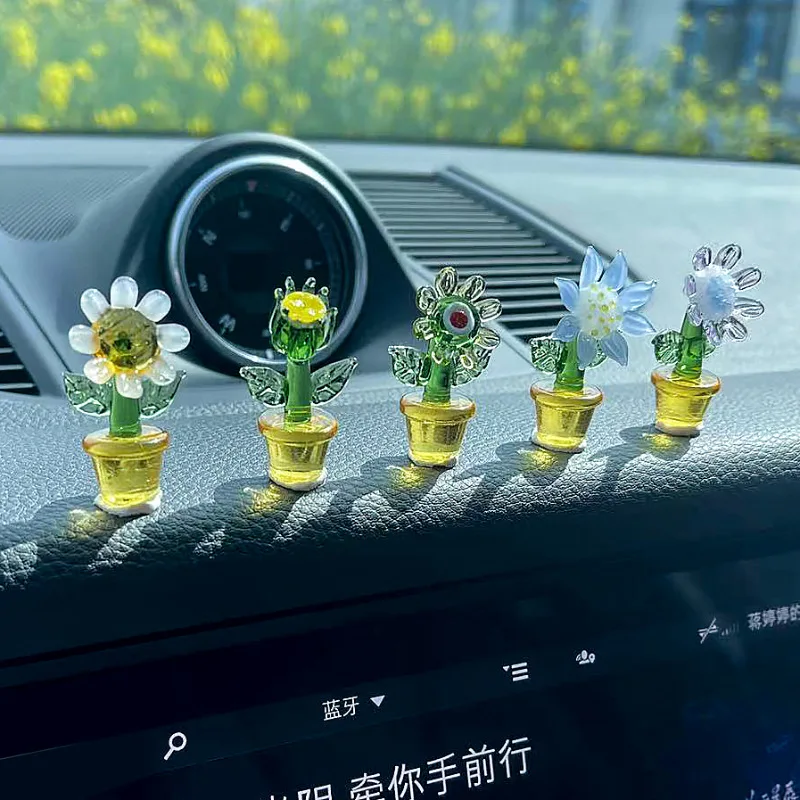 

5PCS Mini Crystal Cactus Ornament Glass Plant Car Interior Decoration Car Center Console Flower Accessories Desk Decoration Gift