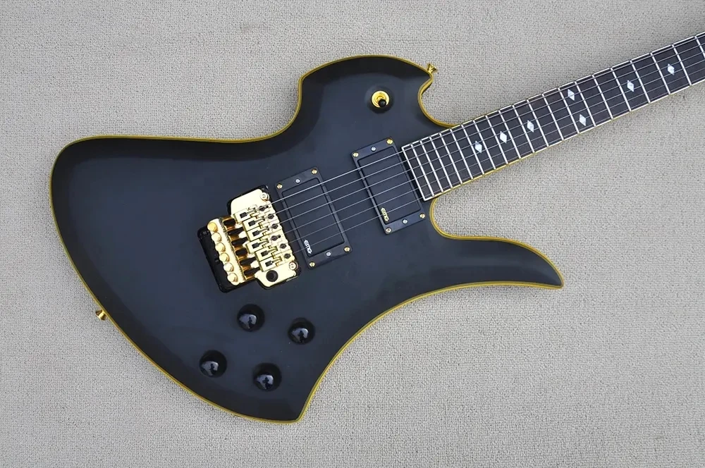 Flyoung Glossy Black Electric Guitar with Tremolo Bridge,Yellow Edgy,Offer Customize