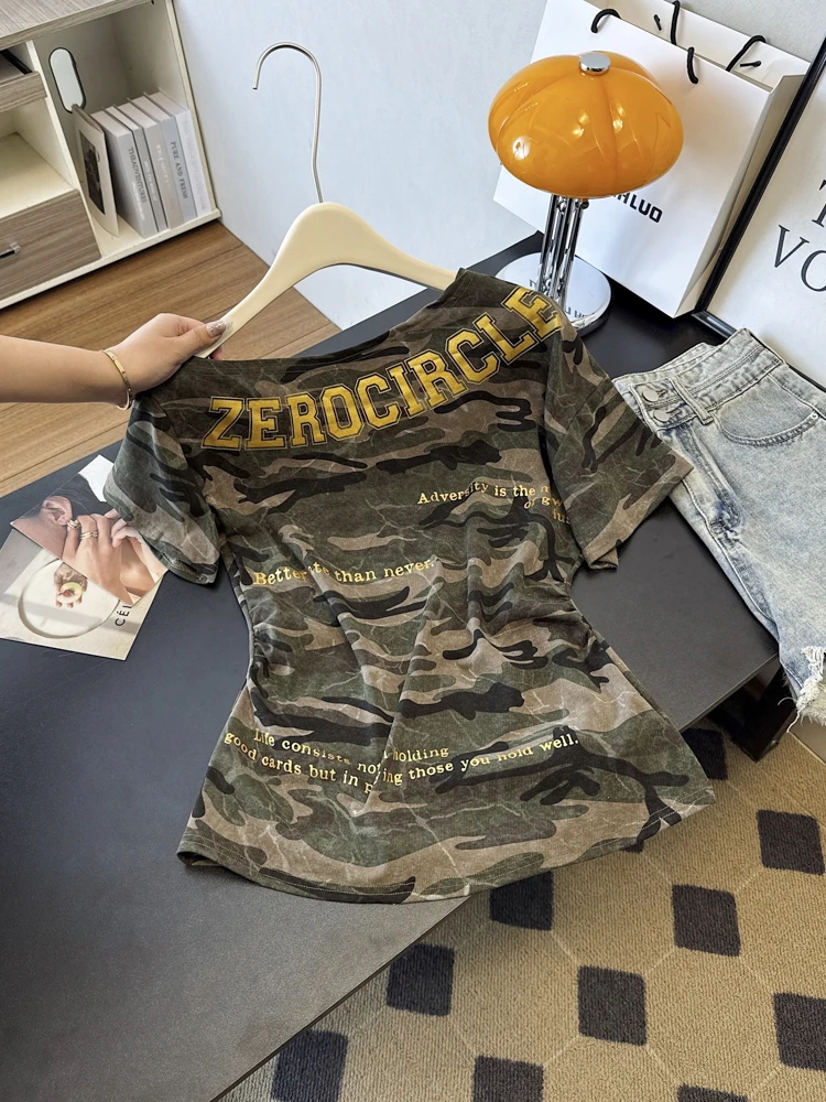 

American Style Shoulder Bared Camouflage Short Sleeve T Shirt Women Summer Design Retro Print Slimming Sexy Top Korean Style ...