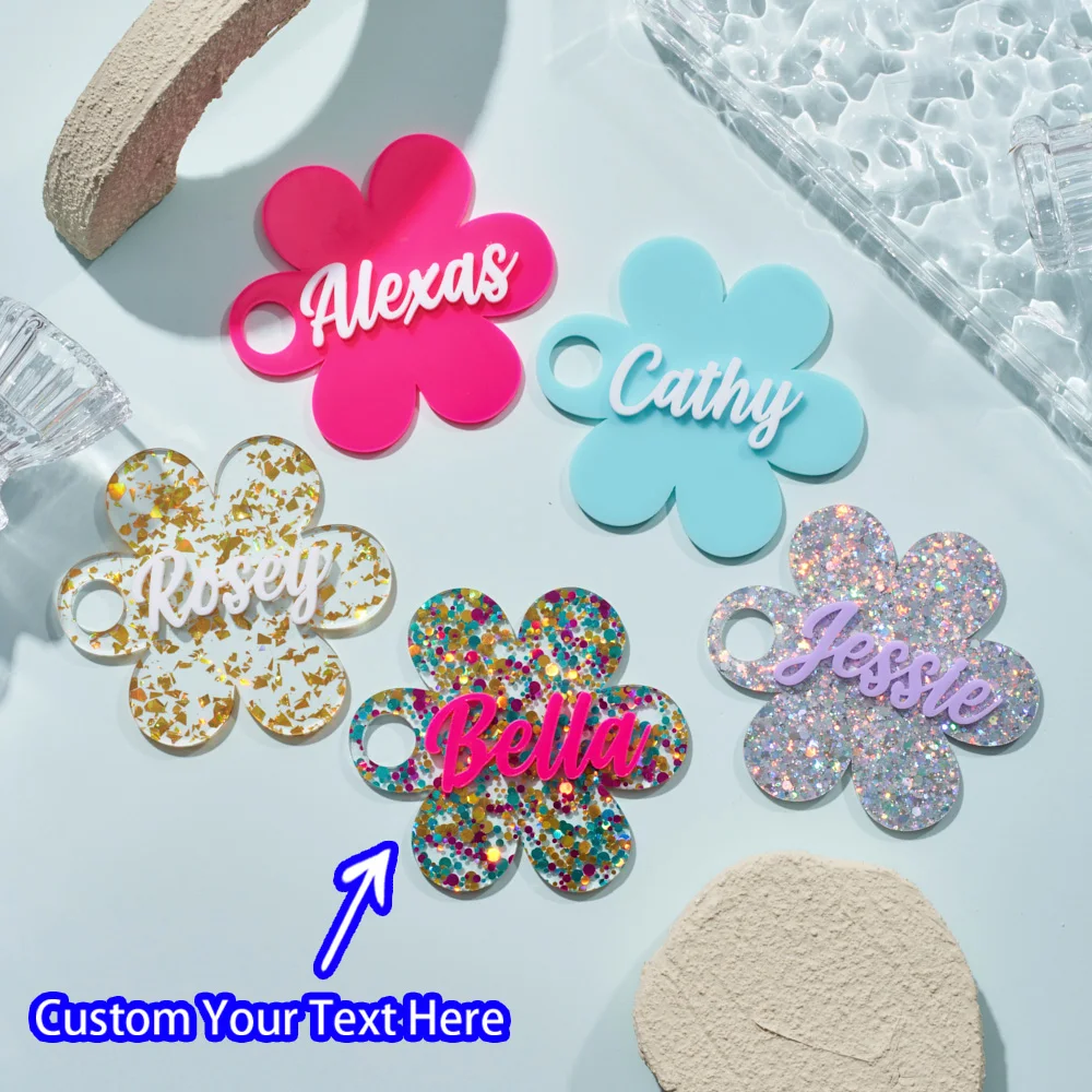Custom Name Flower Acrylic Keychain Bling Glitter Personalized Name Key Tag Custom Text Bag Charm Key Ring Gift For Women Girls