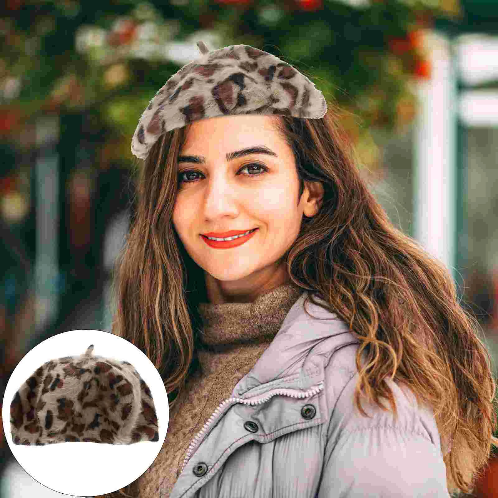 Boina con estampado de leopardo para mantener el calor, accesorios para sombreros de mujer, gorro de felpa de piel de conejo de lana para pintor