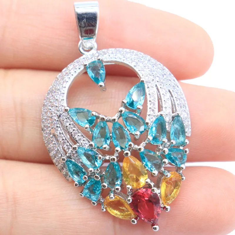 SheCrown 43x26mm New Designed 5.7g Created Sky Blue Topaz Peridot Aquamarine Pink Morganite CZ Ladies Gift Silver Pendant