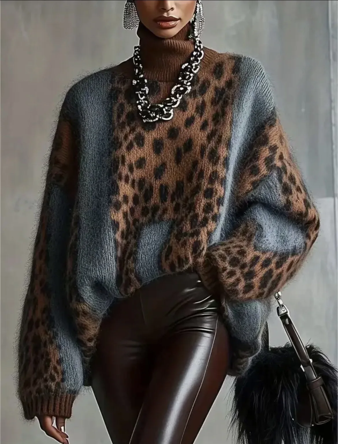 Autumn Winter Vintage Patchwork Leopard Print Women Sweater Turtleneck Loose Knitwear Top Pullover Long Sleeve Warm Sweaters