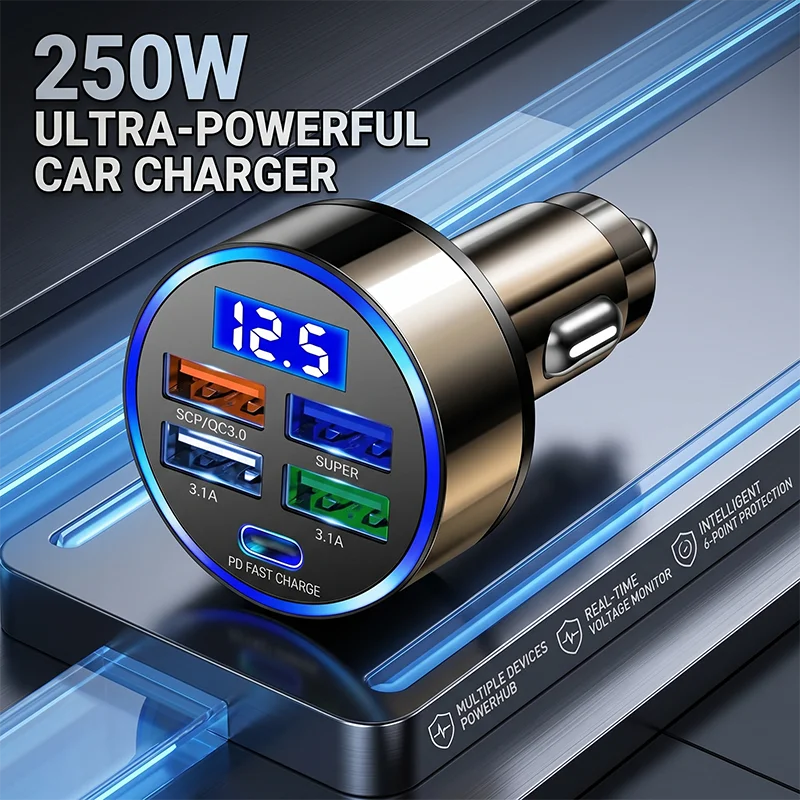 

5 Port USB C Car Charger Fast Charging Adapter with LED Voltage Display PD Type C and QC 3.0 For iPhone For Samsung Android