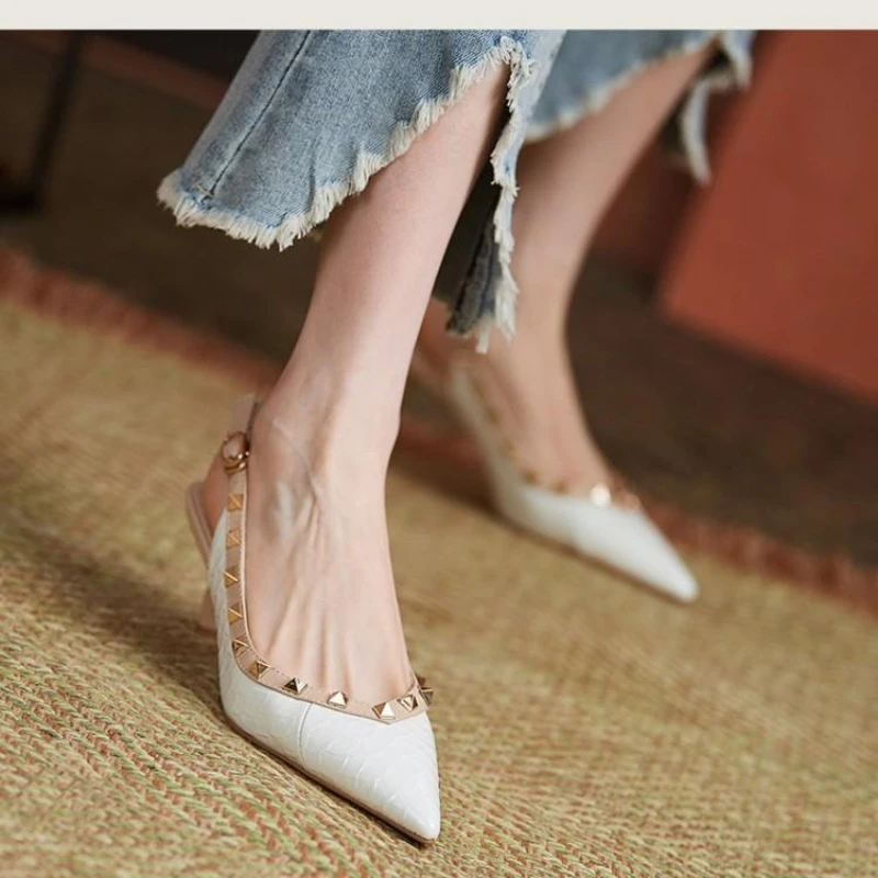 Women Sandals Rivets Pointed Toe Slingbacks Patent Leather Mid Heels Pumps Blue Snakeskin Pattern Slip on Sandalias Mujer