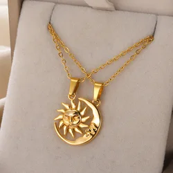 2ps Sun Moon Pendant Necklace For Women Gold Color Stainless Steel Necklace Valentine's Day Jewelry Couples Gifts