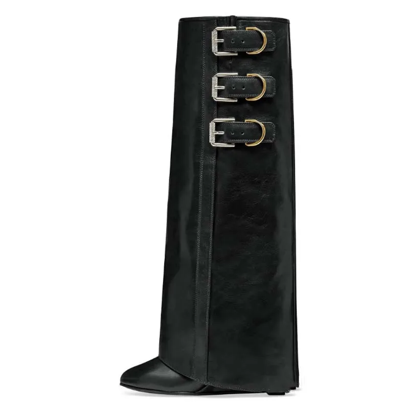 

Black Belt Buckles Slip-On Wedge Trouser Boots Woman Winter 2024 Red Pointed Toe Mid-Calf Boots Fashion Luxury Shoes for Women