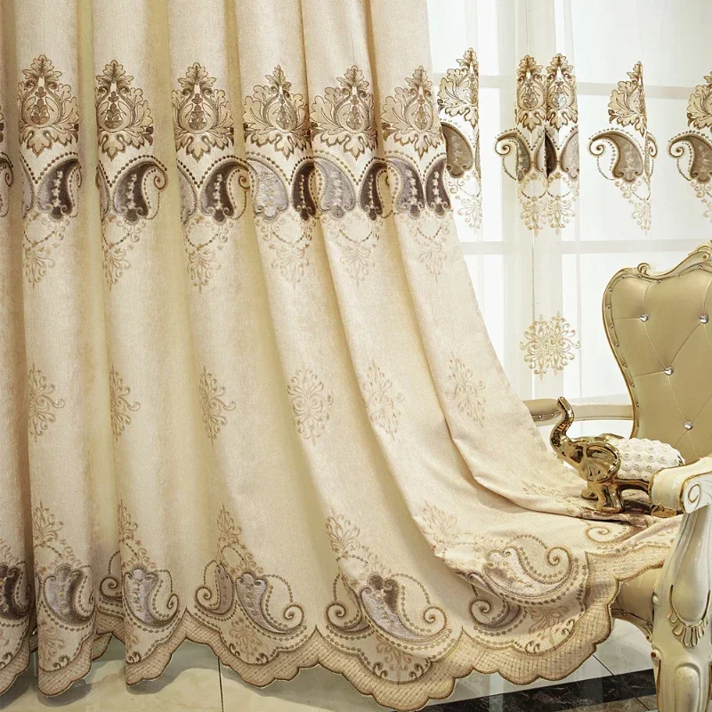 

European High-end Chenille Embroidered Curtains for Living Room Bedroom Floor-to-ceiling Balcony Blackout Curtains Bay Window