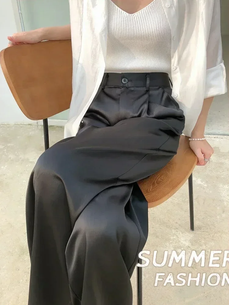 Highwaist Suit Straight Pant Autumn Satin Wide-leg Pants for Women Full Length Solid Office Lady Fashion Casual Women's Trousers