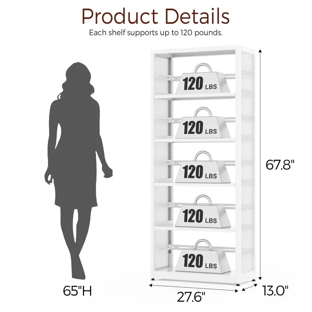 

Tier Metal Bookshelf, 68 White Tall Bookshelf with Adjustable Shelves, CD Storage Racks, Heavy Duty Bookshelves and Bookcases,