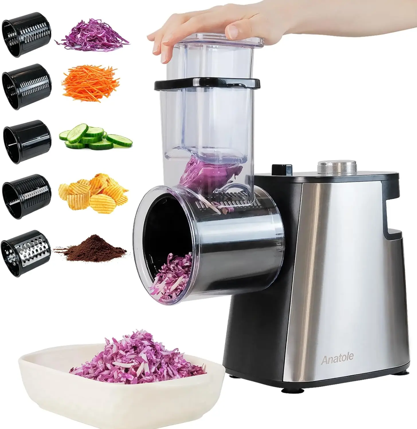 

Electric Cheese Grater, Stainless Steel Vegetable Shredder, 5 Blades, 250W, Large Inlet & Outlet, BPA-Free, 110V