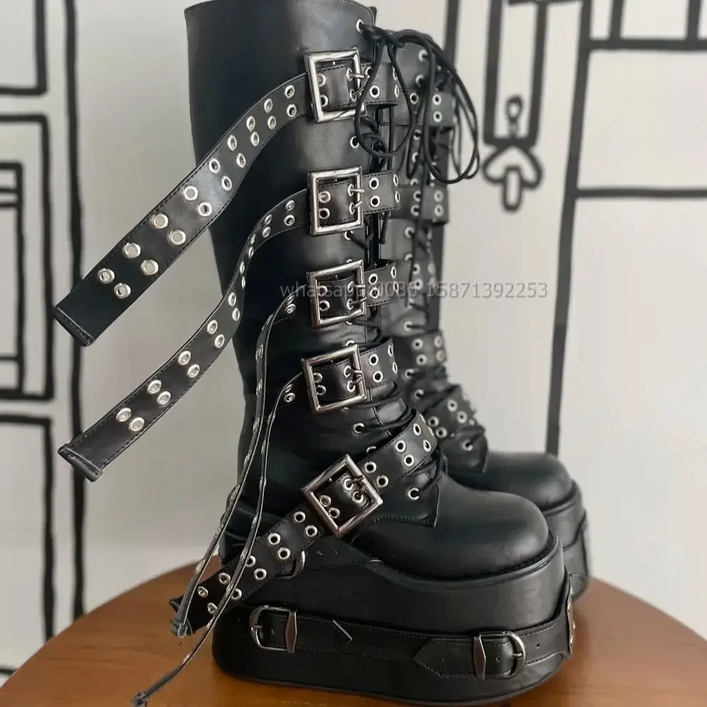 

Belt Buckle Punk Platform Motorcycle Boots Round Toed Thick Sole Height Increasing Lace Up Knee High Booties 2024 New Style