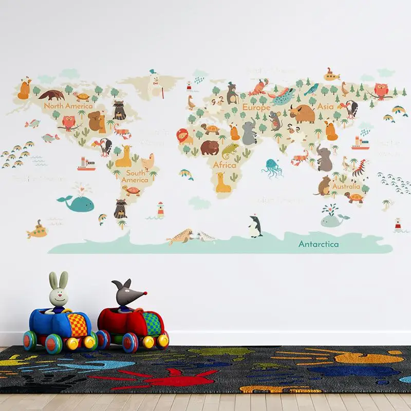 Cartoon Animals Map Wall Stickers for Kids Room Bedroom Kindergarten Wall Decor Vinyl Pvc Wall Decals Art Murals Home Decoration