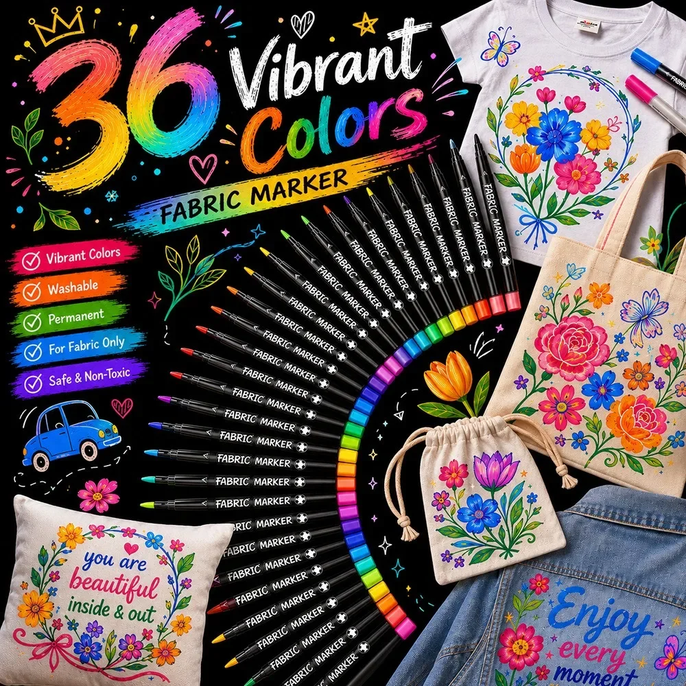 Fabric Markers Pens Set-Indelible and Permanent Fabric Paint Fine Point Textile Marker Pen Art Painting Supplies 12/24/36 Colors