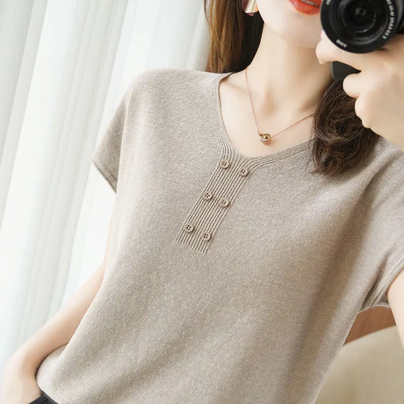 Summer Ice Silk Knitted Top 2023 Solid Colors V-Neck Knitwear Pullover Korean Fashion Soft Short Sleeve Cropped T-Shirt S-3XL