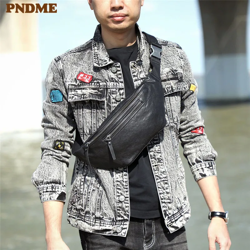 Fashion casual genuine leather men's black chest bag simple versatile handmade soft real cowhide multifunctional waist pack