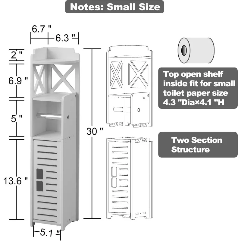 ตู้เก็บของในห้องน้ํา: ตู้ใส่กระดาษชําระพร้อมม้วนสําหรับพื้นที่ขนาดเล็กสีขาว