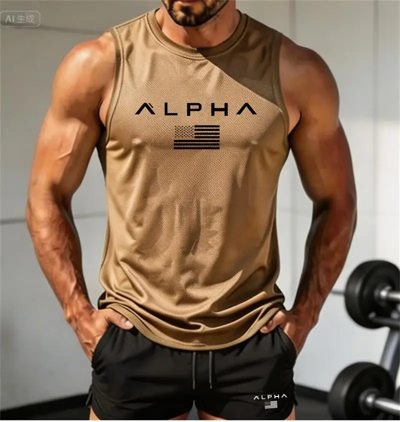 Colete de Fitness Masculino Alpha 2026 com Estampa e Gola Redonda + Shorts, Camiseta Interna de Basquete de Secagem Rápida para Músculos
