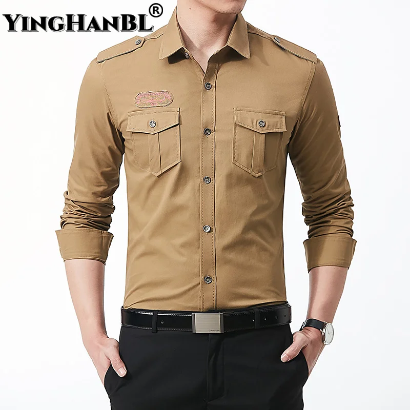 Men Army Soldier Military Tactical Shirt Male Long Sleeve Multi-pocket Slim Fit Breathable Pure Cotton Casual Work Business Tops