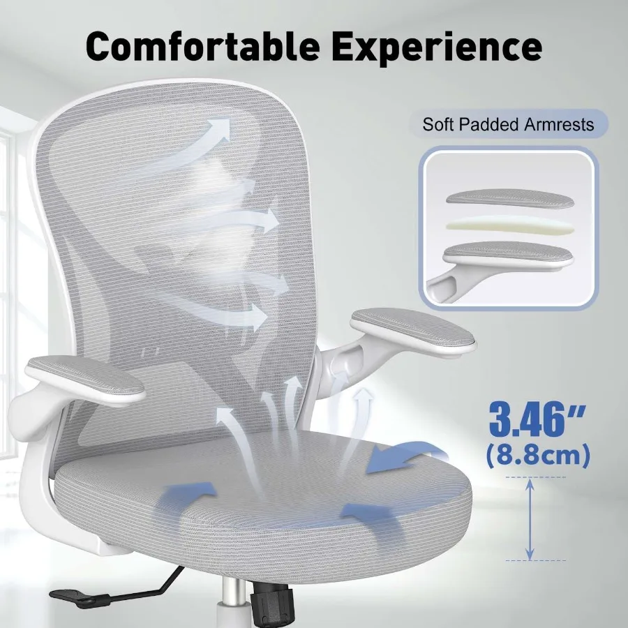كرسي مكتب مريح مع دعم قطني قابل للتعديل كرسي مكتب منزلي شبكي مع عجلات وأذرع قابلة للطي باللون الرمادي لـ Enha