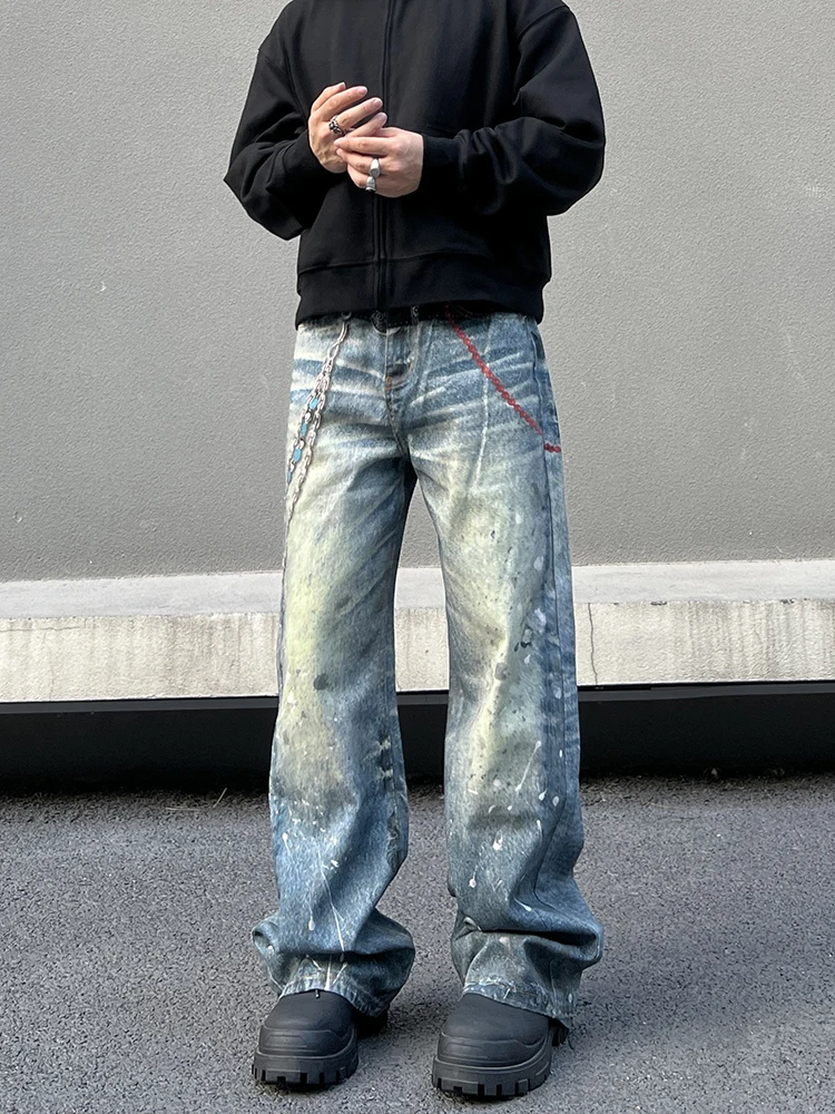 

Джинсы с 3D-принтом в американском уличном стиле, ретро, с цепочкой-подвеской, с принтом под брызги, длинные брюки с высокой талией, размер S