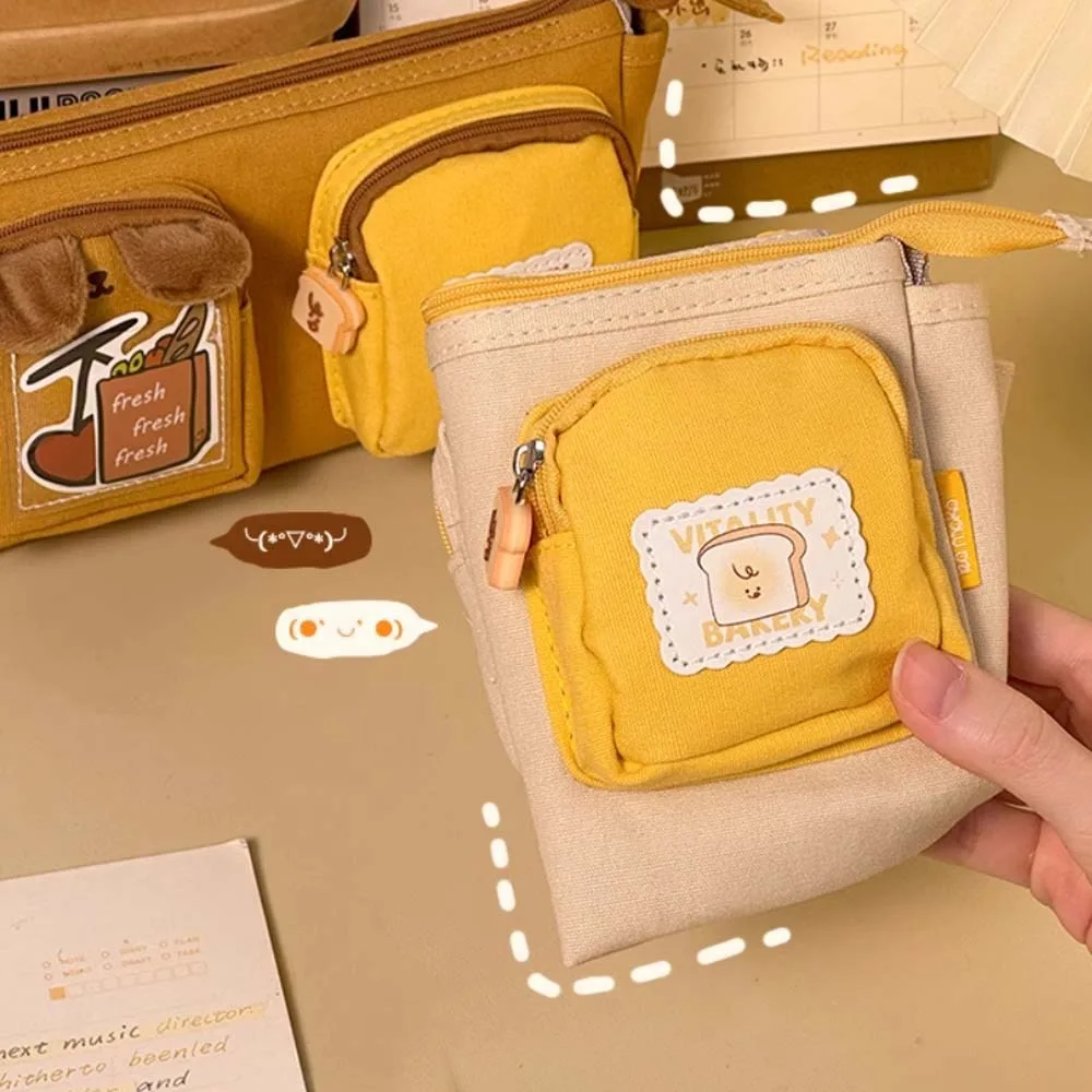 Large Capacity Cartoon Canvas Pen Bag Chestnut PVC Cute Bear Pencil Pouch Portable Strawberry Cheese Stationery Storage Bag